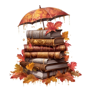 isolated on white illustration watercolor art of a stack of vintage books with beautiful embossed spines, autumn leaves, puddles, rain, branches, september, masterpiece by Hans Zatzka style and by Vladimir Kush style and by Ivan Fedorovich Choultse style, Baroque fashion, PNG clipart, isolated on white, extreme photorealistic details, 32k HD resolution, realistic high detailization high resolution , ultrarealistic, hyper realistic, photography, detailed 8k, extremely detailed