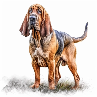 bloodhound in the style of digital airbrushingstanding realistic yet stylized, digitally enhanced, clipart, 32k uhd, detailed crosshatching white background