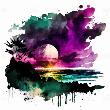 Purple Black Green Mix Paul Lehr Style Watercolor Beach Ocean Retro Sunset Clipart, Colorful and white Background -