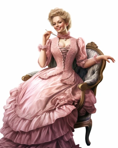 detailed smiling beautiful lady , dressed in a pink victorian vintage dress with necklace, sitting on a chair, hyper realistic, 8k, isolated on white backgorund, clipart