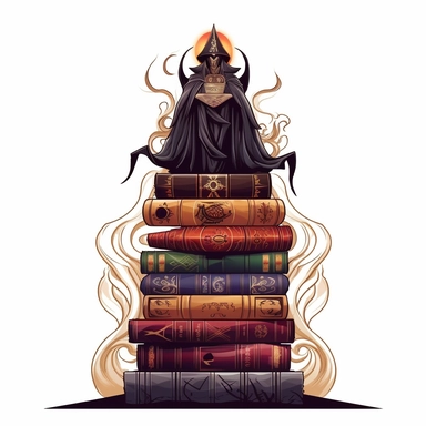 Create an impressive clipart of a clean, dark wizard's book stack on a pure white background. The design should incorporate elements of the gothic and fantasy genres, with dark hues and ornate designs on the books' spines. The lighting should be moody and shadowy, with a focus on the intricate details of the books' covers. The book stack should be perfectly symmetrical to create a sense of order and balance. Use a macro lens to capture the intricate details of the books' designs and play with th