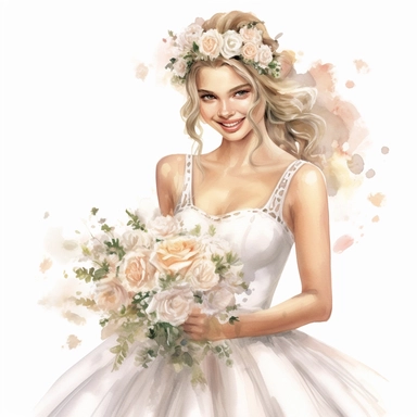 beautiful watercolor fun, happy and cute photorealistic stylish, smiling bride in white wedding dress and tiara beautiful, whole body, decorated in big pastel and light colors flowers in the style of aquarelist, wedding illustrations award winner, wedding clipart, 8k, white background, intricate details illustrations very detailed, uhd exquisite clothing detail, rimel neffati