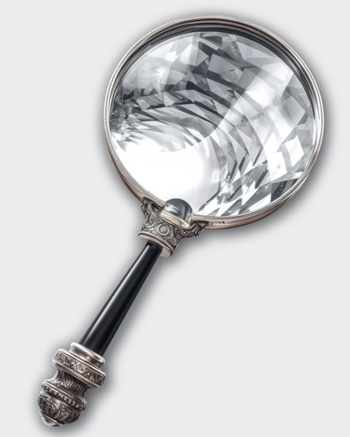 realistically illustrated detectives magnifying glass, fancy full handle, empty glass,top view rendering, transparent background, 2d top view, clipart on white background, die cut, 8k