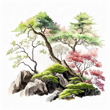 Watercolor, Japanese Maple Trees, old, long branches, Clipart, springtime japanese trees, forest, grass, rocks, white background