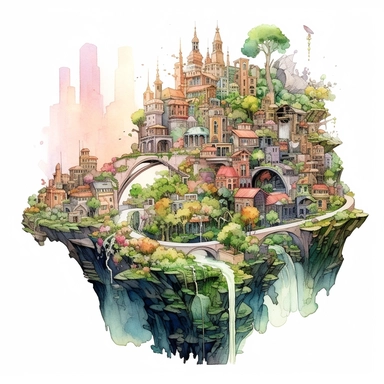 A whimsical watercolor design featuring a bioengineered cityscape, aquarelle fantasy clip art, biopunk fantasy, Marianne North, lush, Pierre-Joseph Redouté, intricate, moss green, petal pink, and earth brown, luminous, dramatic lighting, 8k resolution, zbrush, isolated on white background