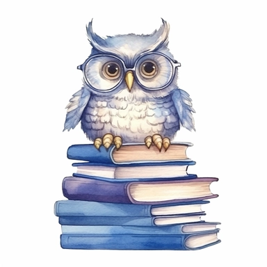 hand drawn, A cute owl wearing glasses on book stack , illustration Watercolor clipart, katie daisy style, single object,png,transparent, white background for removing background - - no text shadow font watermark