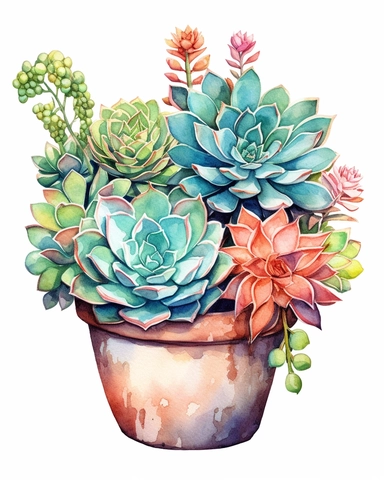 Succulents in pot Watercolor Cliparts Illustrations isolated on white background “Photorealism” taken with macro lens 100 mm on a full-frame camera