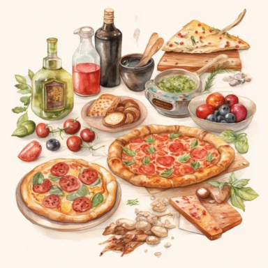 italian food, storybook illustrations style, watercolor, cliparts