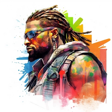 Final Fantasy VII Barret wearing shades and has face and neck tattoos, close-up side profile view, colorful graffiti background, clipart watercolor