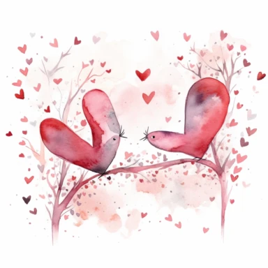 An endearing watercolor scene of love, captured on a white background. Clipart on a white Background. This illustration features two hearts that are whimsically drawn to look as if they are in mid-flight, towards each other. The hearts are painted in shades of deep red and soft pink, with delicate brush strokes that provide a hand-painted texture. Between them, a small 'kiss' is depicted in the form of two tiny lines converging - symbolic of their connection. The overall image exudes warmth and 