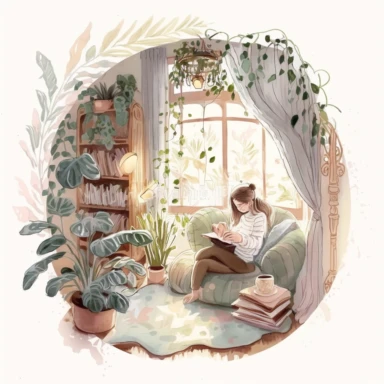 watercolor, clipart, cozy reading nook, elegant, light color palette, procreate digital drawing, plants and books, 16 K, magical, fantasy, sweet home, pixiv, fairytale, aquarelle, cottagecore