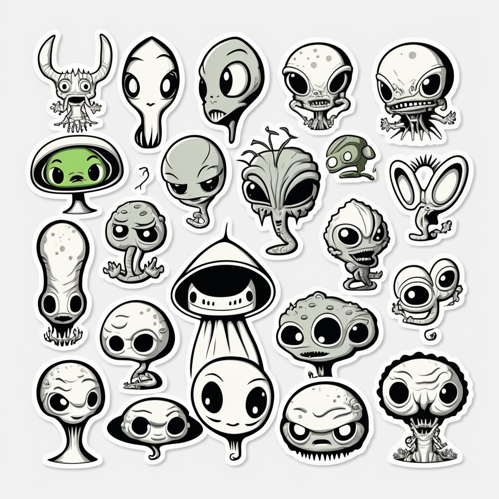 Weird Martians Cartoon Stickers, Hand Drawn, Inspired By H.r Giger 