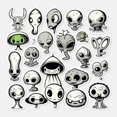 weird martians cartoon stickers, hand drawn, inspired by H.R Giger illustration, vector, clipart, white background