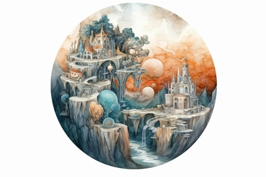 Watercolor, Design a planet with a labyrinthine network of caves and underground tunnels clipart, hd, on a white background, spaced out