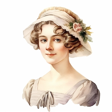Jane Austen: General - Elegant portrait of Emma Woodhouse smiling clipart watercolor, white background, highly detailed, photorealistic, high quality, light pastel colors, romantic, delicate, feminine, florals, lots of details