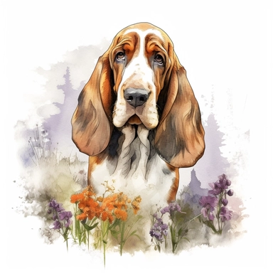 close up high detailed, Hand drawn watercolor clipart of a cute Bassett Hound in a park, on a white background