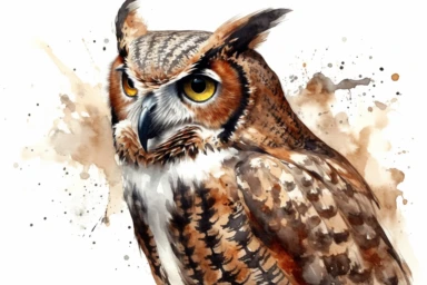 watercolor great horned owl clipart, HD, isolated white background, spaced out