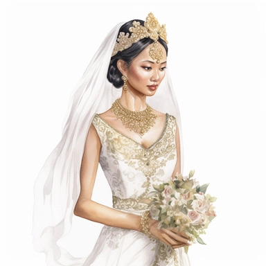 Watercolour of a asian bride , Clipart,Cartoon,hyper realistic, intricate detail, illustration style,high resolution, isolated on a white background