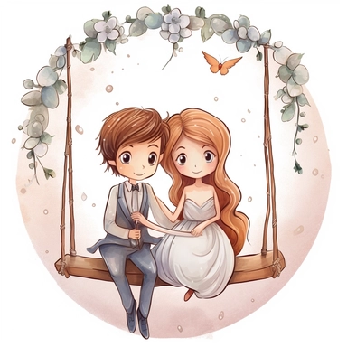 Cute kawaii wedding rings tied with a ribbon, cute set of wedding illustration clipart, illustration for children's book, cartoon elements, different variants, girl with long hair in a bridal veil, wedding, husband and wife sitting on a swing and swinging together, hearts balloons, veil, garland, wooden elements, white transparent background separate elements with a margin Watercolor
