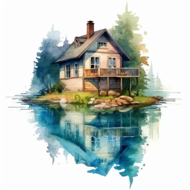 Watercolour small house on a lake, clipart on white background, no watermark, highly detailed, professional color gradation, clean sharpness