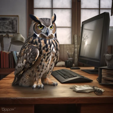 clipart of a full body ultra realistic great horned owl. Use fantastical nature. Full body image of great horned owl detailing its hyper realism features sitting on a walnut computer desk