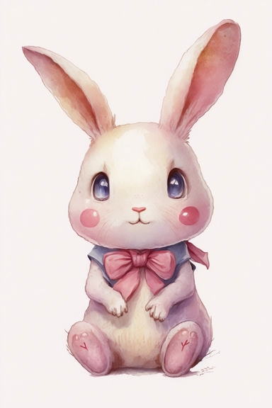 a detailed watercolor painting of a cute cartoon anime baby bunny with bowtie, clipart, watercolor style, pink, pastel colors, isolated on white background, children's book illustration
