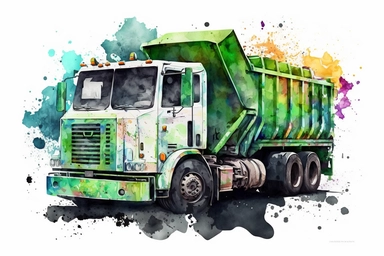 watercolor garbage truck clipart, hd, on white background, spaced out,