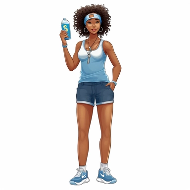 full body clipart black woman tank top and blue jean shorts big curly shiny afro with head band gold earrings hands on her hips white converse tennis shoes holding a water bottle