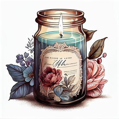 hyper realistic, white background, white margins, 16k, ultra detailed clipart, cut out image, hand-drawn A vintage-style clipart featuring a scented candle jar, exuding a warm glow and emitting a fragrant aroma.Use dark colors such as cyan, brown, and rose for a vintage-inspired palette.