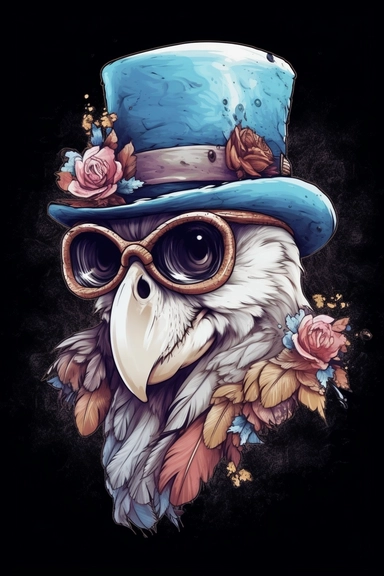 A detailed illustration a Skull of an eagle wearing expensive sunglasses and very cool, with gentleman hat, smoking cigar, t-shirt design, poker cards around his neck, jewlery on, t-shirt design, in the style of Studio Ghibli, pastel tetradic colors, 3D vector art, cute and quirky, fantasy art, watercolor effect, bokeh, Adobe Illustrator, hand-drawn, digital painting, highly detailed clean, vector image flat white background, isometric, vector image, clipart, front view, retro style, white backg