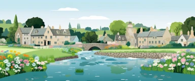 An imaginative rendering of the village of Bibury, England, where the quintessential Cotswold stone cottages have been abstractly deconstructed into their geometric forms. The scene is dotted with simplified, flat-color clipart-style wildflowers, while the gently flowing River Coln is depicted as a stylized, undulating blue ribbon.
