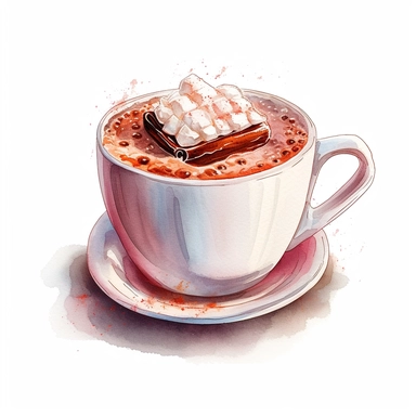 one cup of hot chocolate clipart on a white background, in the style of watercolor illustrations, tilt-shift lenses, detailed sketching, vibrant color choices, elaborate borders, isometric, assemblage pieces, no watermark, text, 300 DPI , typography, shapes do not stick together, no text in the picture, on a white background