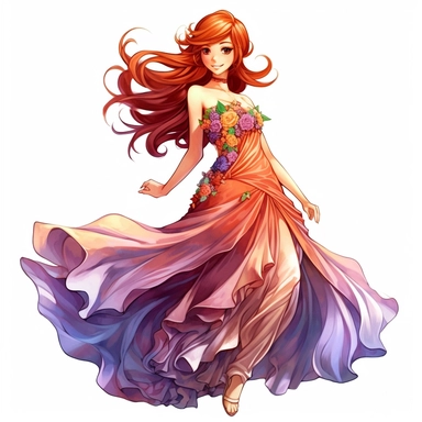 an exceptionally beautiful happy anime girl dressed in evening gown, smiling, long hair, vibrant colors, highly detailed, full body image, pixar style, clipart, white background