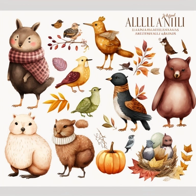 autumn animals, clipart, white background