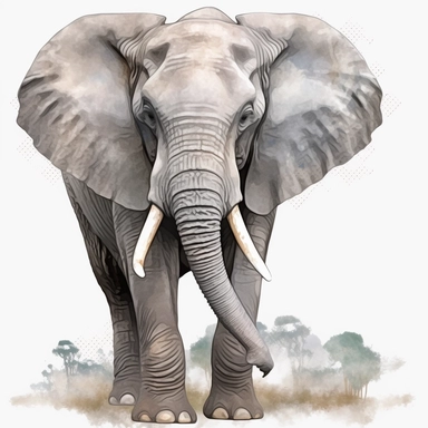 a calf grey African elephant, stood sideways to the camera looking right, shooting water from its trunk, watercolour painting transparent background png clipart - <@1074466201847210054> (Waiting to start)