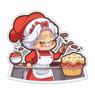 vector sticker design, anime style Mrs Claus baking clipart, white background, flat colors