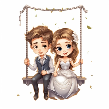 Cute Beautiful Happy Face Prince And Princess sit on a swing Sublimation Clipart ,Cartoon,hyper realistic, intricate detail, illustration style,high solution,on the white background