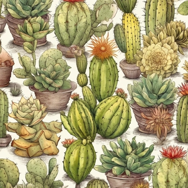 Vintage seamless pattern of cactus and succulents pencil sketch, ephemera paper design with ornate illustrations, vintage, distressed textures, muted colors, craft paper texture, handwriting lines in background, pen and ink on paper with watercolor washes Watercolor, vector, white background, rice paper texture, clipart, Seamless patterns, repeating patterns design, flat illustration, outlined , Vector, 4K, Art station, digital print, highly detailed clean, detailed illustration, 3D vector art, 