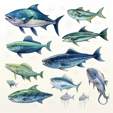 Watercolor set of hand-drawn marine illustrations - mahi-mahi fish, marlin, dolphin, whale, tuna, wahoo, stingray. Character, logo, children wallpaper, doodle. Marine clip art. Ocean, sea inhabitant.