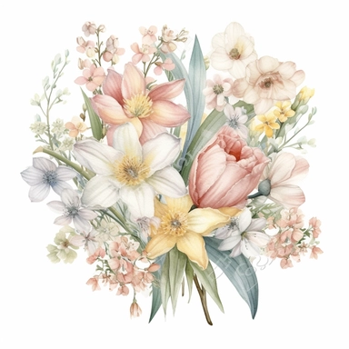 A charming clipart of a bouquet of fresh spring flowers on a white background, painted in delicate watercolors and pastel tones. The bouquet is filled with a variety of spring flowers such as tulips, daffodils, and cherry blossoms. Each flower is beautifully detailed, with soft color tones that blend harmoniously into the overall image. The pastel tones evoke a sense of freshness and rebirth associated with spring, making this image perfect for any design project that calls for a touch of nature