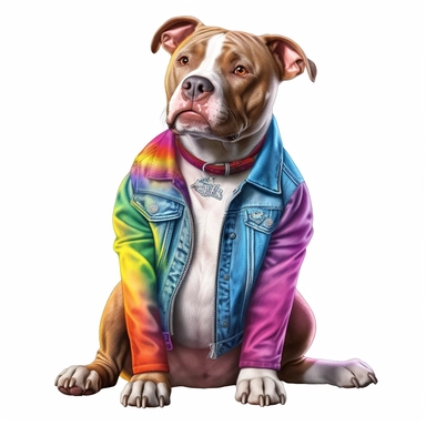 clip art style illustration of a realistic pit bull wearing a rainbow jean jacket, just the dog, no shading, full body sitting down, transparent background