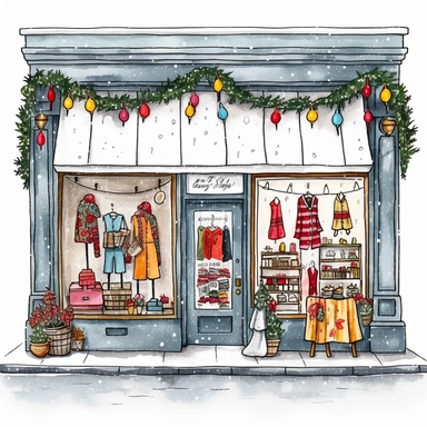 Christmas Clothing store Storefront Clipart , Adorn the storefront with mannequins dressed in stylish winter outfits. Use string lights and garlands to create an inviting entrance. Hang decorative ornaments or gift boxes from clothing racks , hand drawn illustration, no shadow, cozy ,soft color , warm ,white background with margins, hand drawn illustration,highly detailed ,white background for removing background