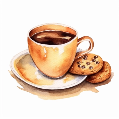 a cup of coffee and a cookie clipart, watercolor, cutout on white background,