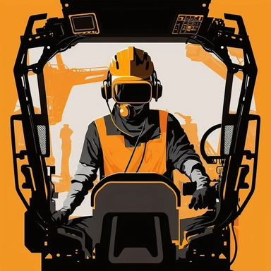 excavator cockpit, worker wearing vr headset, poster, simplistic, abstract, vector, 2d illustration, clipart, few colors