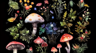 detailed watercolour elements, enchanted forest, clip art sheet, elements should not touch, leave room around margin, black background