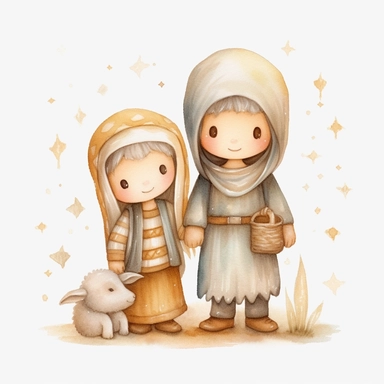 A watercolor painting of a cute nativity with Mary and Joseph, Christmas, cute detailed digital art, inspired by nicoletta ceccoli, by Kubisi art, whimsical and cute, by nicoletta ceccoli, cute detailed artwork, glimmering, adorable and whimsical, whimsical art, Clipart style, png style, svg style, blank white background, a solid white background