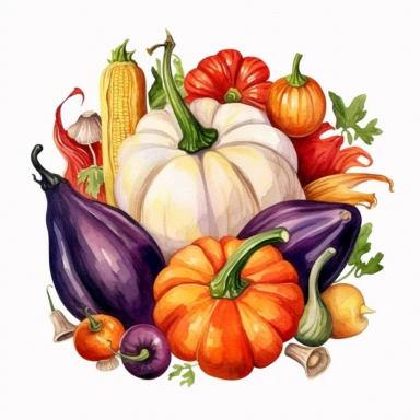 watercolor, hyper realistic, white background, white margins, 16k, ultra detailed clipart, cut out image, hand-drawn a pumpkin surrounded by autumn vegetables, like colorful bell peppers, onions, and eggplants, highlighting the diversity of the harvest season in the style of pencilsteampunk, delicate watercolor, creative commons attribution, miniaturecore, grocery art, white and amber, website