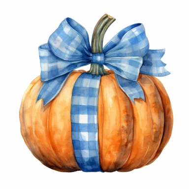 watercolor hyper realistic vintage fall autumn pumpkin with blue-checkered-ribbon clipart, photorealistic, realistic still life style, detailed watercolor style, on white background