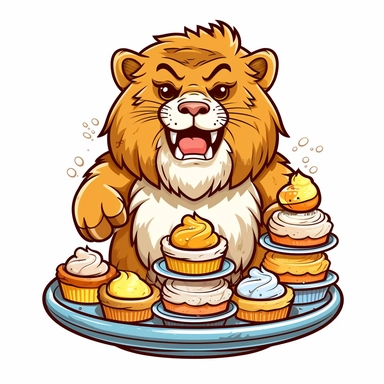 cute funny clipart of beast mode lion with cakes in mouth graphic design for a tshirt in a cartoon style, heavy outlines,bold outlines, flat shading , vector, contour, isolated plain white background
