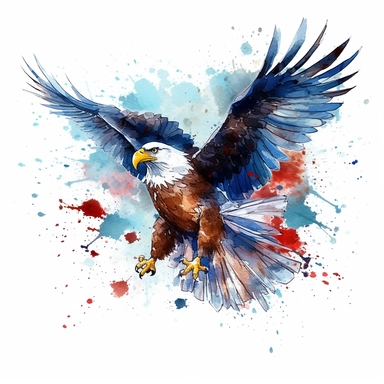 A Magical american eagle with the American flag illustration with white background, 4th July atmosphere, watercolor, oil, full colors, American flag behind, vectorized with white background, 8k, white background Sublimation Clipart,Cartoon,hyper realistic, intricate detail, illustration style,high solution,on the white background